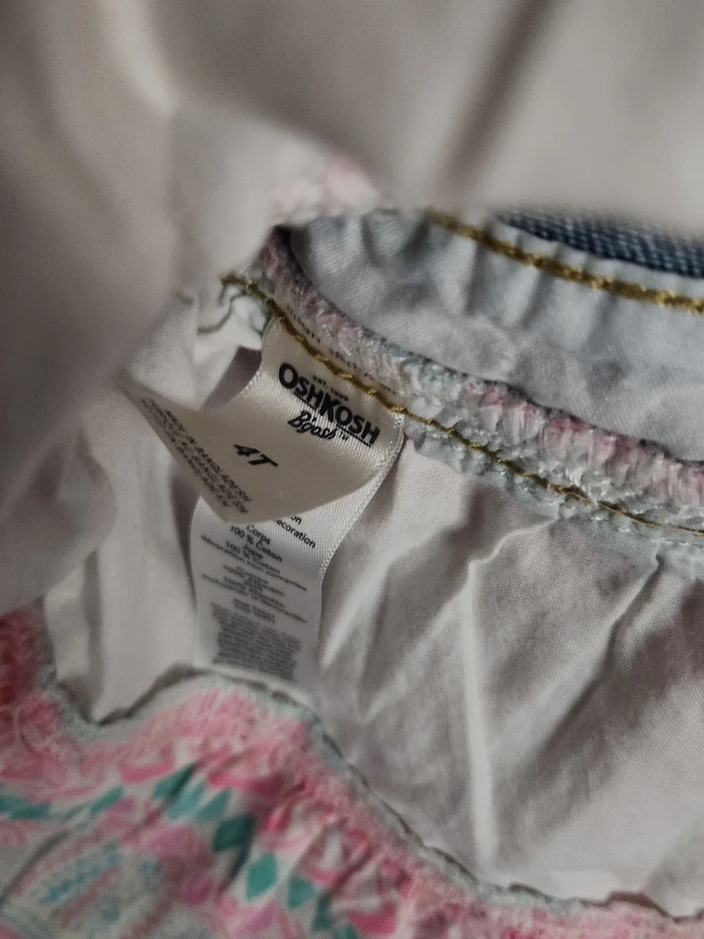Vintage OshKosh B'gosh Denim Overall Dress with Pink and Mint Patterned Skirt